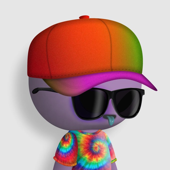 A 3D-rendered cartoon character with purple skin wears black sunglasses, a rainbow-colored baseball cap, and a colorful tie-dye t-shirt against a plain white background.