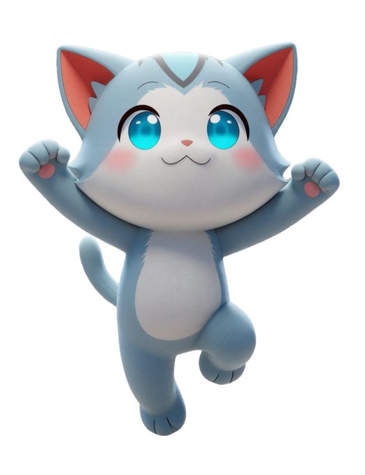 A cheerful, full-body 3D render of an adorable blue and white kitten character with bright cyan eyes, pink cheeks, and raised paws, striking a playful pose as if bouncing or waving. The cute feline design perfectly complements the post's announcement of "Wen," serving as a lively character reveal for the newly introduced mascot.