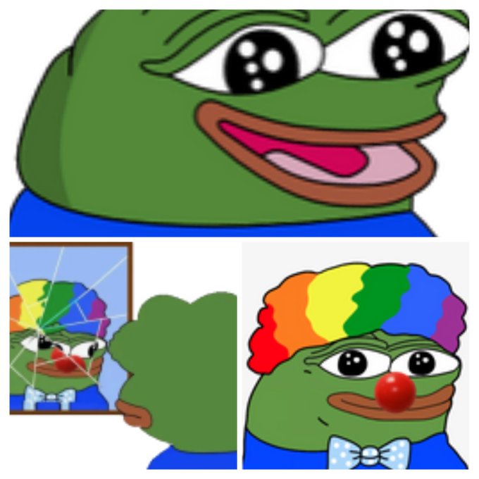 The image is a three-panel "Happy Pepe the Frog" meme, showing Pepe gazing adoringly at a clown version of himself in the mirror and then becoming the clown with a rainbow wig, red nose, and bowtie. 

The meme humorously illustrates the "$SIVE bears" referenced in the post—critics who dismiss a growth company using only current metrics are portrayed as clowns, implying their valuation approach is foolish and they will ultimately "look foolish" as the company's growth potential becomes apparent.