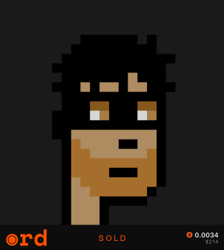 A pixel-art portrait of a dark-skinned character with half-closed, tired-looking eyes, listed as SOLD on the 'ord' marketplace for 0.0034 BTC ($214).