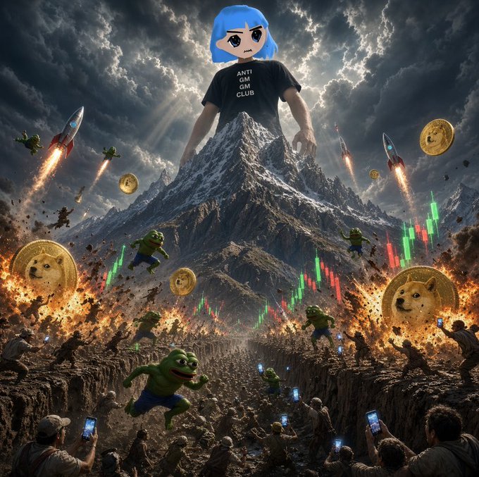 The image depicts a surreal, meme-themed scene featuring a large anime-style figure wearing a black "ANTI KIM GM CLUB" shirt, looming over a fiery, mountainous battlefield where small Pepe frogs, Doge coins, rockets, and people filming with smartphones are scattered amid dramatic lighting. The post's reference to reviving "sui culture" with $PEEKA, SuiLords, and HoodLords mints is loosely tied through the chaotic, community-driven meme energy, but the image itself primarily showcases generic crypto/AI meme iconography (Pepe, Doge, rockets, charts) without directly depicting Sui or any of the mentioned projects.