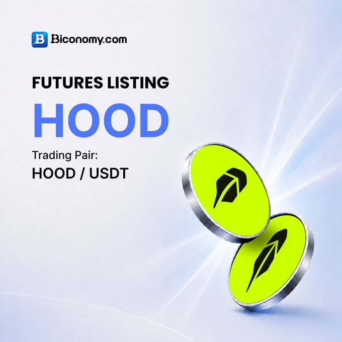 A promotional graphic from Biconomy.com announcing the futures listing of HOOD token with the trading pair HOOD/USDT, featuring two green coin-like tokens on the right.
