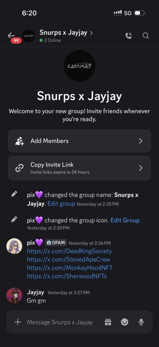 A screenshot of a Discord group chat titled "Snurps x Jayjay" where the user has shared multiple NFT community links including @DeadKingSociety, @StonedApeCrew, @MonkeyHoodNFT, and @SherwoodNFTs in a single message. The chat header displays the Catapult logo, aligning with the post about securing Snurps by @catapultextreme for the user's various NFT communities.