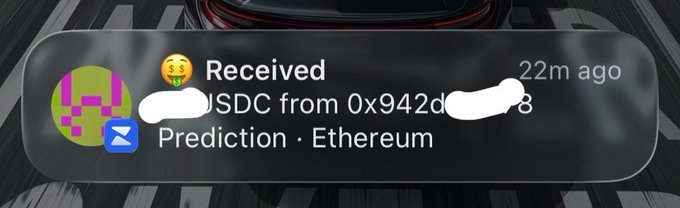 A notification showing 'Received USDC from 0x942d...8' labeled 'Prediction · Ethereum' that arrived 22 minutes ago.