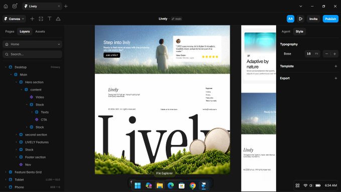 A web design interface displaying the 'Lively' website template, featuring a hero section with 'Step into lively' text and the large 'Lively' wordmark set against a grassy field background.