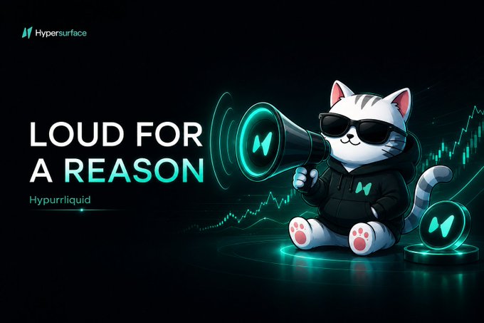 A digital graphic featuring a white cat mascot wearing sunglasses and a black hoodie, holding a megaphone, with text 'LOUD FOR A REASON', 'Hypurrliquid', and the 'Hypersurface' logo.