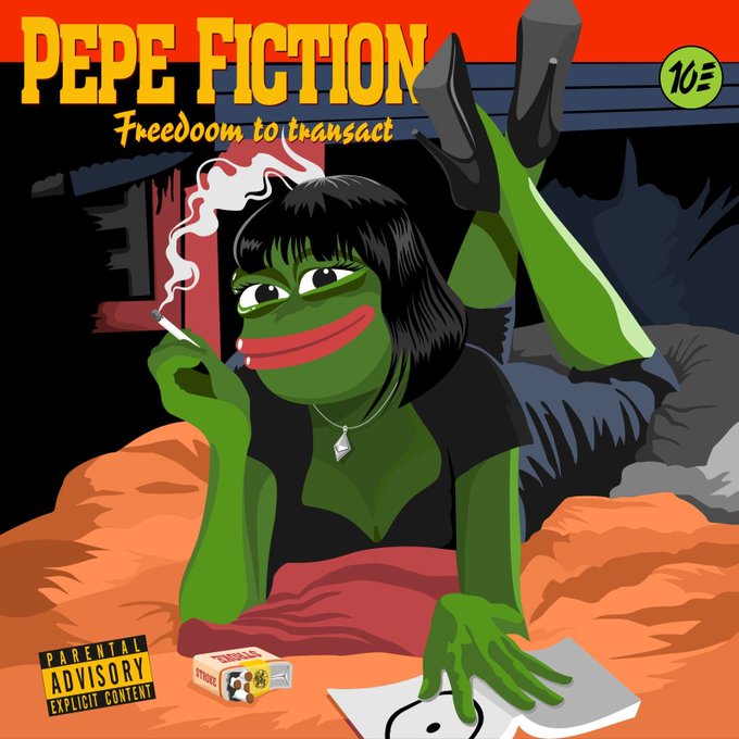 A colorful cartoon-style illustration titled 'PEPE FICTION: Freedoоm to transact' depicts a green Pepe the Frog character with black hair smoking a cigarette and reclining on orange pillows, with a '10Ξ' price tag, a 'PARENTAL ADVISORY EXPLICIT CONTENT' label, and a pack of cigarettes visible.