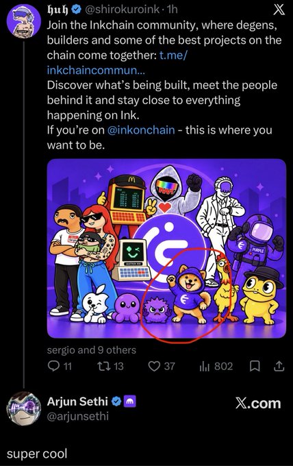 A screenshot of an Inkchain community announcement on X posted by @shirokuroink features colorful cartoon characters surrounding the Ink logo, with a red circle highlighting one of the dog-like characters—appearing to hint at a potential $DOG integration with @inkonchain.