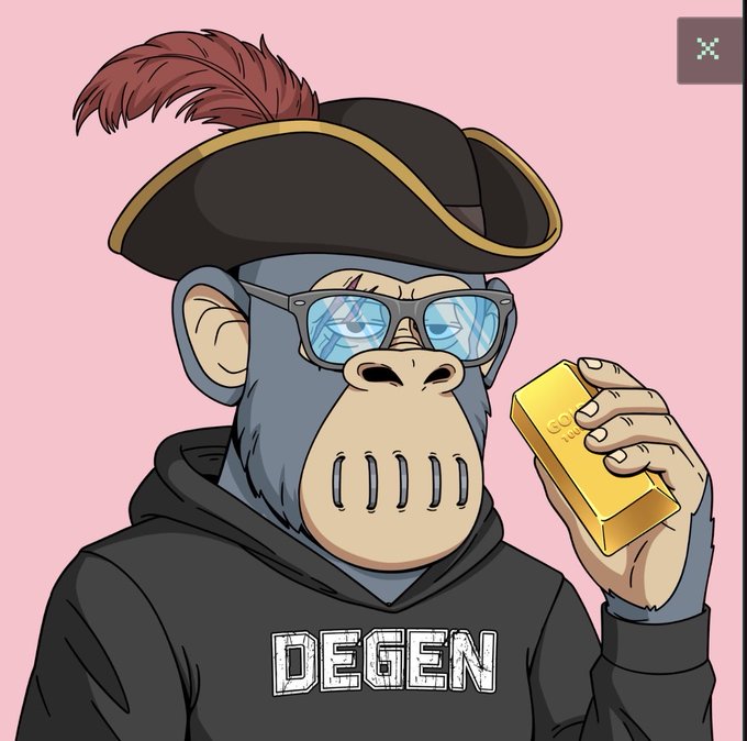 A cartoon illustration of a monkey wearing a pirate hat, sunglasses, and a black 'DEGEN' hoodie, holding a gold bar.