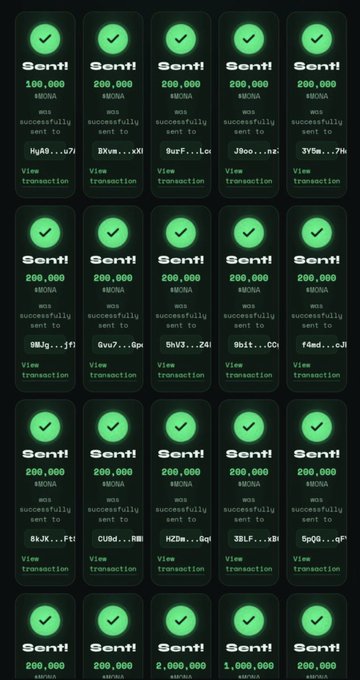 A grid of 20 green confirmation notifications, each showing "Sent!" with 200,000 MOA tokens (one showing 2,000,000 and another 1,000,000) successfully sent to various Solana wallet addresses, illustrating the promise of sending $50 instantly to anyone who shares their SOL address.