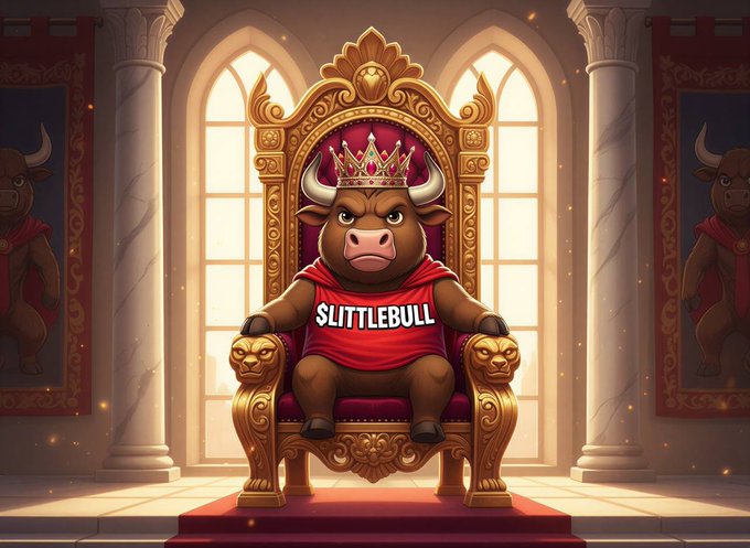 A cartoonish brown bull wearing a crown and a red shirt reading '$LITTLEBULL' sits on an ornate golden throne in a regal hall.