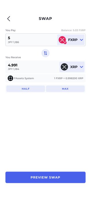 A swap interface showing exchanging 5 FAssets System F-XRP for 4.991 XRP, with a conversion rate of 1 F-XRP ≈ 0.998200 XRP