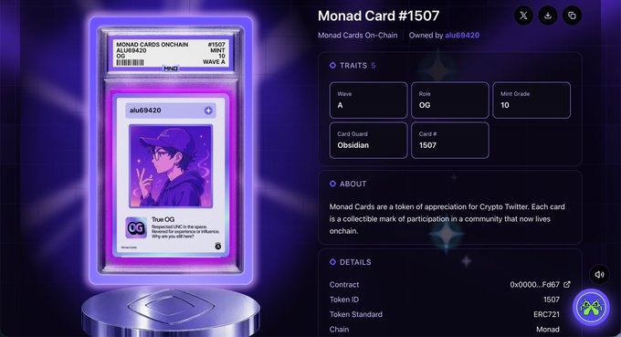 A digital Monad Card #1507 NFT display showing traits Wave A, Role OG, Mint Grade 10, Card Guard Obsidian, owned by alu69420, featuring an anime-style character illustration.