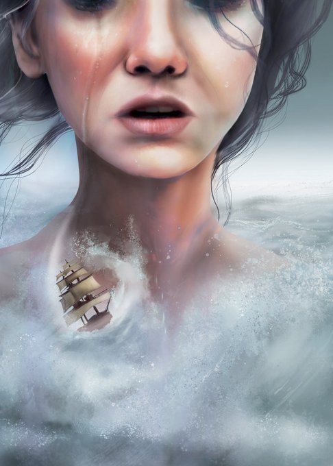 A surreal digital artwork depicting a crying woman partially submerged in ocean water, with a small ship sailing on the waves against her chest.