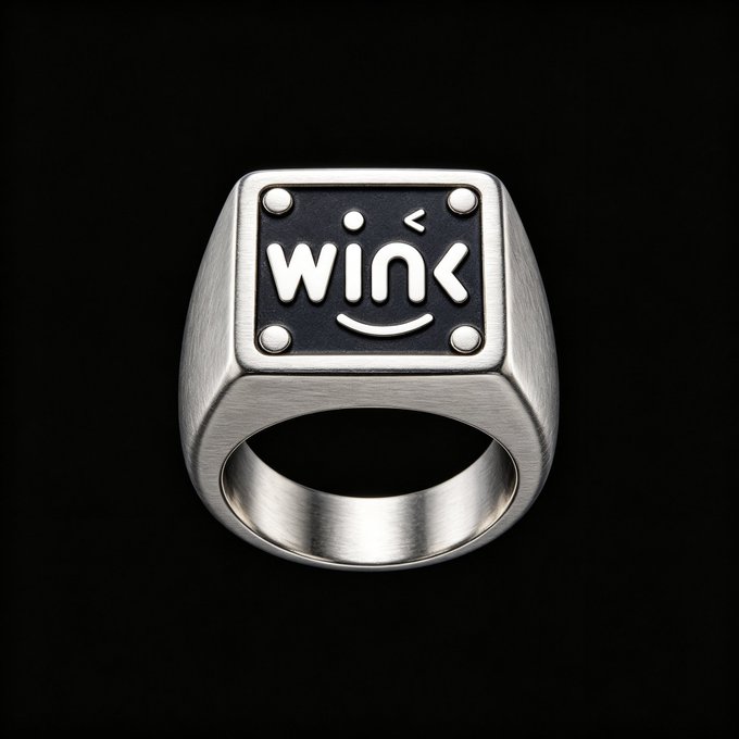 A silver signet-style ring with a square face displaying a black background with the word 'wink' and a smiley face design, photographed against a black background.