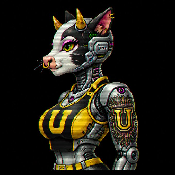 A pixel-art anthropomorphic cat-cyborg hybrid with mechanical limbs, horns, and cybernetic features wears a black and yellow outfit prominently displaying the letter "U," representing the character "USEFUL" — a fusion of popular crypto and meme aesthetics including cat, AI, robot, and stablecoin themes, designed as the counterpart to the "USELESS" meme with a BNB Chain color scheme.