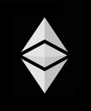 The Ethereum logo, a diamond-shaped octahedron in gray and white, is displayed on a black background.