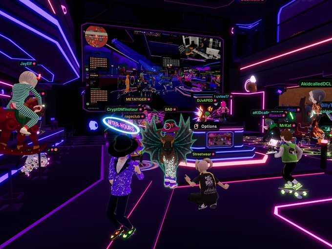 A vibrant virtual metaverse scene with neon lighting featuring multiple avatar characters (including JayElf, METATOGER, DJvAPED, JETER-HOURS, Streetwear, AkidcalledDCL, MrKat) in a club-like environment.