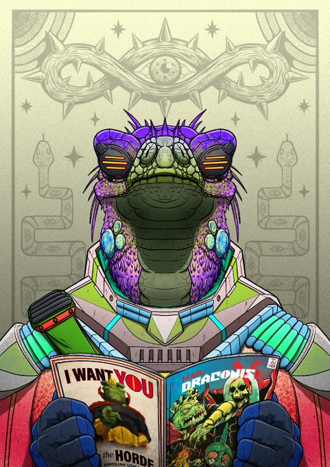 A detailed illustration shows a reptilian alien character wearing futuristic armor, holding comic books titled "I WANT YOU the HORDE" and "THE DRACONIS." The artwork ties directly to the post by showcasing a "Scrapyard" Draconis NFT character, promoting @HailDraconis and highlighting the community-driven interactions between collectors and their unique reptilian digital assets.