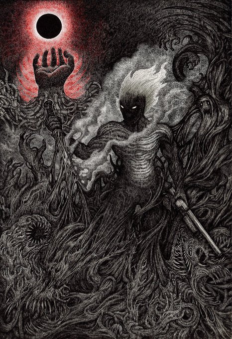 The image features a black and white illustration of a man with a sword, surrounded by a dark and twisted environment filled with other figures. The artist has used a monochromatic color scheme for this piece, which adds to its eerie atmosphere. The caption reads "Art vs Artist QT yours" and "Confronting the Devil", suggesting that the artwork is meant to provoke thought or discussion about the depicted subject matter.
