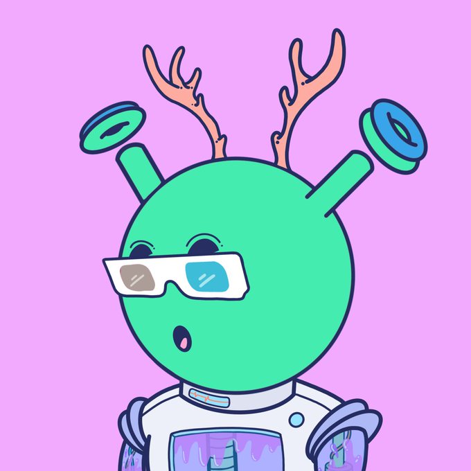 A cartoon illustration of a green alien-like character with deer antlers, 3D glasses, and small antennae topped with spinning discs, wearing a white space suit against a purple background.