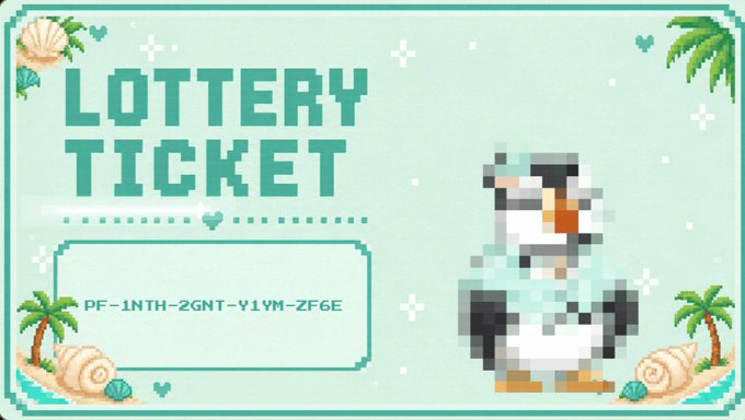 A teal-themed digital 'LOTTERY TICKET' featuring a pixel-art penguin character, palm trees, seashells, and the code 'PF-1NTH-2GNT-Y1YM-ZF6E'.