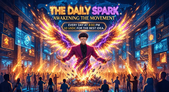 A vibrant promotional graphic titled 'THE DAILY SPARK: AWAKENING THE MOVEMENT' featuring a figure with glowing fiery wings, with text offering '10 USDC FOR THE BEST IDEA' every day at 8:00 PM.