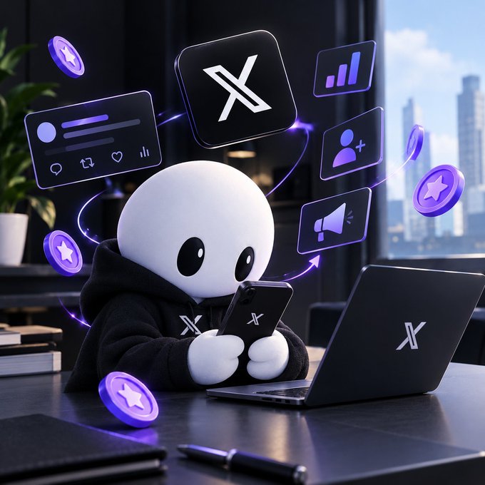 A 3D rendering of a panda-like character in a black hoodie using a smartphone, surrounded by floating social media interface elements and a laptop displaying an 'X' logo.