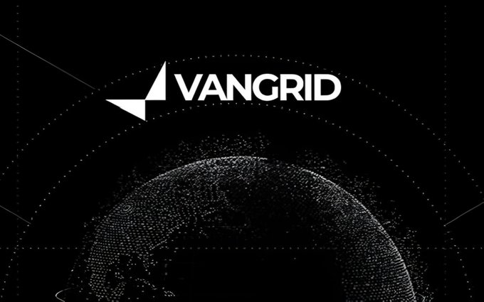 The image displays a logo for 'VANGRID' featuring a stylized lightning bolt design set on a digital representation of the globe against a black background.