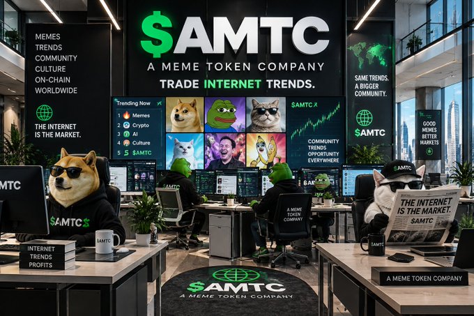 Promotional graphic for '$AMTC - A Meme Token Company' featuring a modern office with people in meme-themed costumes, Pepe the Frog, a Doge mascot, and screens displaying trending tokens like Memes, Crypto, and AI.