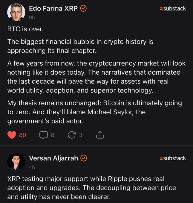 The image shows two Substack social media posts by Edo Farina XRP and Versan Aljarrah making bold bearish claims about Bitcoin ("BTC is over... Bitcoin is ultimately going to zero") while promoting XRP as having superior real-world utility and adoption, aligning with the post's theme that significant changes are imminent in crypto.