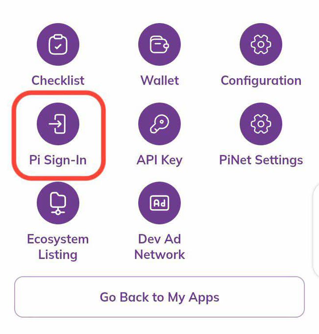 A developer dashboard menu displaying options like Checklist, Wallet, Configuration, Pi Sign-In (highlighted in red), API Key, PiNet Settings, Ecosystem Listing, Dev Ad Network, and a "Go Back to My Apps" button.

The highlighted "Pi Sign-In" option relates to the post by illustrating one of the new external-facing tools (developer authentication) that Pi Network is rolling out to help developers and businesses integrate with the ecosystem.
