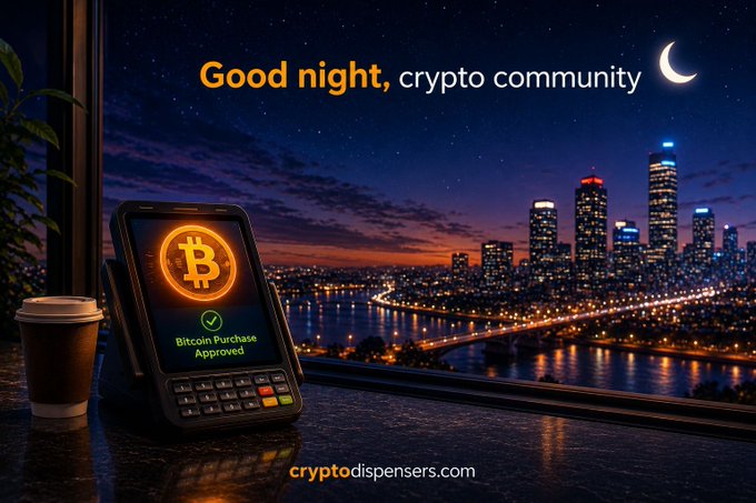 A digital illustration of a Bitcoin ATM next to a coffee cup on a windowsill overlooking a city skyline at night, with the text 'Good night, crypto community' and a crescent moon, branded with 'cryptodispensers.com'.