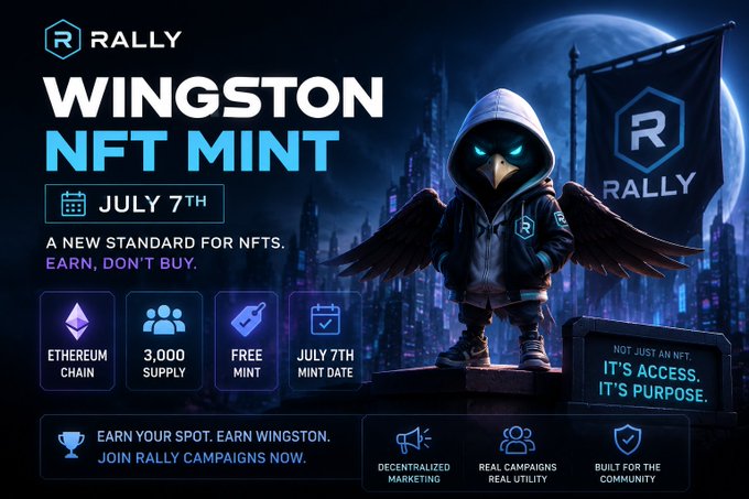 A promotional banner for the 'RALLY WINGSTON NFT MINT' on July 7th, featuring a hooded crow character with glowing eyes, with details: Ethereum Chain, 3,000 Supply, Free Mint, and slogans like 'A NEW STANDARD FOR NFTS. EARN, DON'T BUY.' and 'IT'S ACCESS, IT'S PURPOSE.'