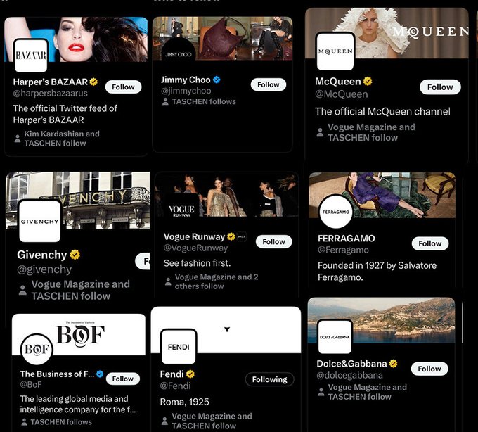 A grid of fashion and lifestyle brand Twitter profiles including Harper's BAZAAR, Jimmy Choo, McQueen, Givenchy, Vogue Runway, Ferragamo, The Business of Fashion, Fendi, and Dolce&Gabbana, all showing verified badges and "Follow" or "Following" buttons.