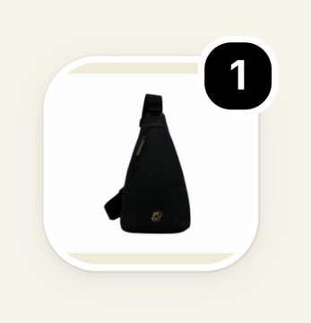 A product image of a black crossbody sling bag with a small emblem, displayed in a rounded frame with a black notification badge showing the number '1'.