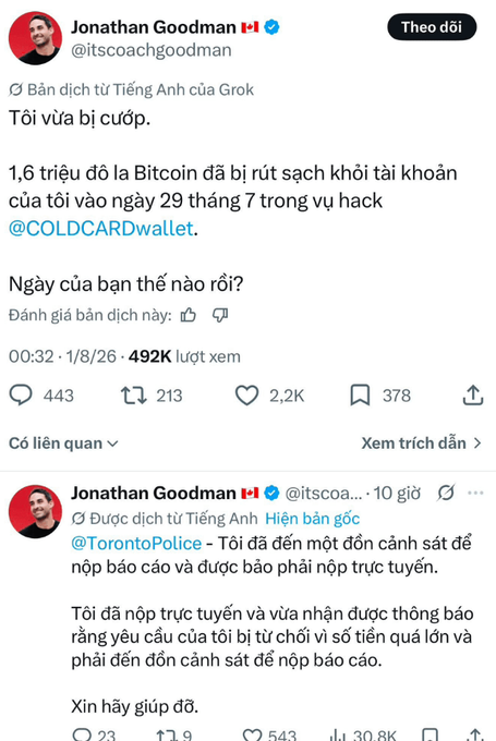 A Twitter/X thread by Jonathan Goodman (@itscoachgoodman) in Vietnamese reporting that 1.6 million dollars in Bitcoin were stolen from his wallet in a hack on July 29 involving @COLDCARDwallet.