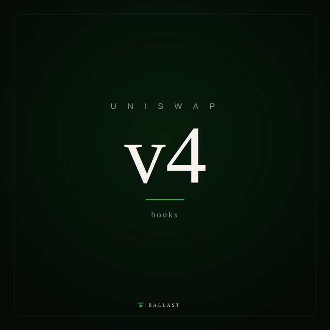 A dark green gradient graphic featuring the text "UNISWAP v4 hooks" with the Ballast logo at the bottom, illustrating that Ballast runs on Uniswap v4 with custom hooks at ballasted.xyz/app/create.
