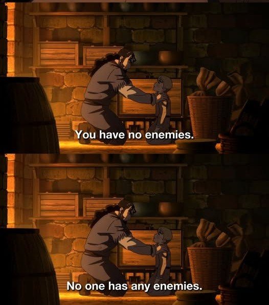 Two-panel anime meme showing a man kneeling before a boy in a rustic room, with subtitles reading 'You have no enemies.' and 'No one has any enemies.'