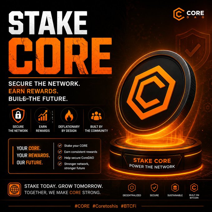 A promotional graphic for 'STAKE CORE' by CoreDAO, featuring an orange coin logo and text encouraging users to 'SECURE THE NETWORK, EARN REWARDS, BUILD THE FUTURE' with hashtags #CORE, #Coretoshis, and #BTCfi.