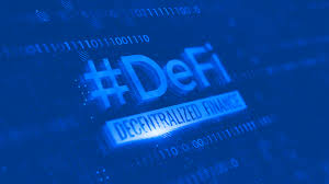 A digital blue graphic displays "#DeFi" in large glowing text above the words "DECENTRALIZED FINANCE," surrounded by binary code and circuit-like patterns, symbolizing the technology behind the post's message about JustLendDAO's role in the evolving on-chain finance landscape.
