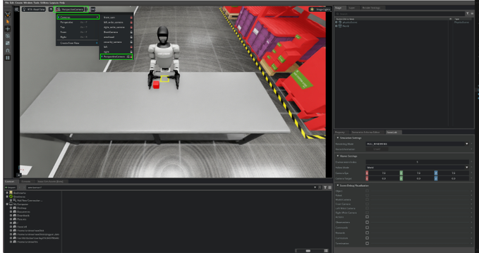 A screenshot of a 3D software interface (likely Isaac Sim) showing a robot in a warehouse environment with various settings panels visible.