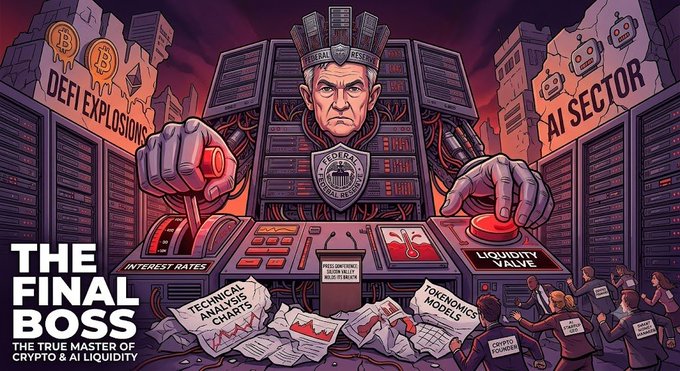 A digital illustration titled 'THE FINAL BOSS: THE TRUE MASTER OF CRYPTO & AI LIQUIDITY' depicting Jerome Powell operating a 'LIQUIDITY VALVE' alongside 'INTEREST RATES', 'DEFI EXPLOSIONS', and 'AI SECTOR' controls.