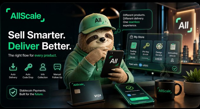 A promotional banner for 'AllScale' featuring a sloth mascot in green attire holding a phone, advertising 'Sell Smarter. Deliver Better.' with services like Auto Delivery, Pro Key, and Design Service priced in USDC.