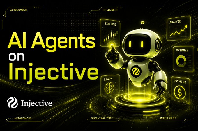 A promotional graphic for Injective's 'AI Agents on Injective' featuring a yellow robot character surrounded by panels labeled EXECUTE, ANALYZE, OPTIMIZE, LEARN, and PAYMENT, with descriptors AUTONOMOUS, INTELLIGENT, and DECENTRALIZED.