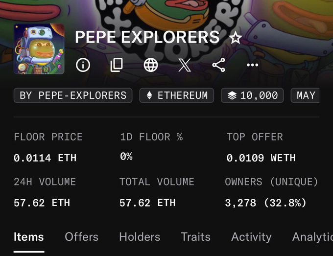 The image shows a post featuring an animation of an astronaut floating in space with a backdrop of colorful planets and stars. The text of the post talks about the creators of this video game called "Pepe Explorers" (a game named after the character from Star Trek) and their plans for launching a new space adventure, possibly using NFTs or Etherium to support it.