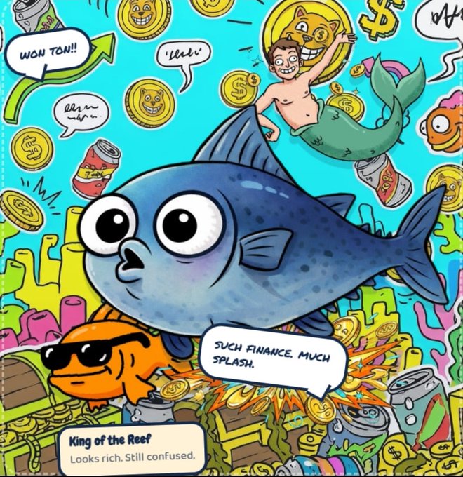A colorful cartoon titled 'King of the Reef' showing a blue fish saying 'SUCH FINANCE. MUCH SPLASH.' with Dogecoin-themed Shiba Inu coins, a merman, and another dog wearing sunglasses amid scattered coins and cans.