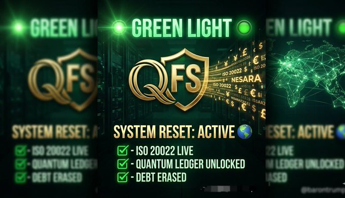 A graphic announcing 'QFS GREEN LIGHT' with 'SYSTEM RESET: ACTIVE', listing items like 'ISO 20022 LIVE', 'QUANTUM LEDGER UNLOCKED', and 'DEBT ERASED'.