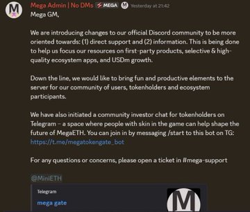 The image features a screenshot of a chat window displaying a message from a Discord server for gaming purposes. The text of the message reads: "We are introducing changes to our official Discord community, that will be more oriented towards...1 direct support and ...information. This is being done to help us focus our resources on four key ecosystem apps, and USDM growth." It also includes information about the game they're playing called MEGA TGE, which is a multiplayer game with a tutorial mode. The post mentions an additional feature of using MegaETH to connect with the game, which might be an interesting gaming tool for users.