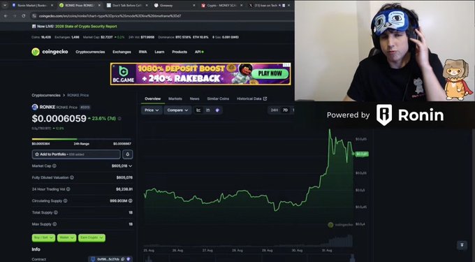 A screenshot of a CoinGecko page showing RONKE at $0.0006059 (+23.6% 24h) with a price chart, alongside a streamer wearing a monkey mask and a 'Powered by Ronin' banner.